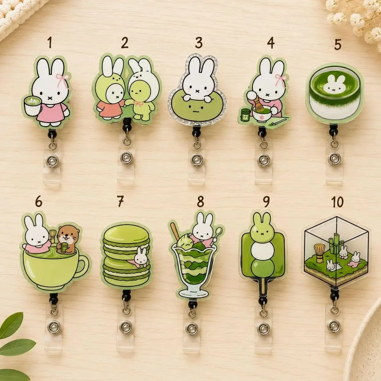 Matcha Bunny Badge Reel, Kawaii Acrylic ID Holder, Nurse Teacher Lanyard Clip
