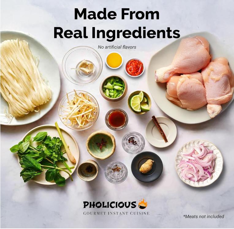 PhoLicious Instant Chicken Pho, Authentic Vietnamese Rice Noodle Soup Kit with Spices & Broth Mix, Ramen Noodles Alternative, Quick Microwave Meal - Pho Noodles Bowl - Chicken Flavor (4 Pack)
