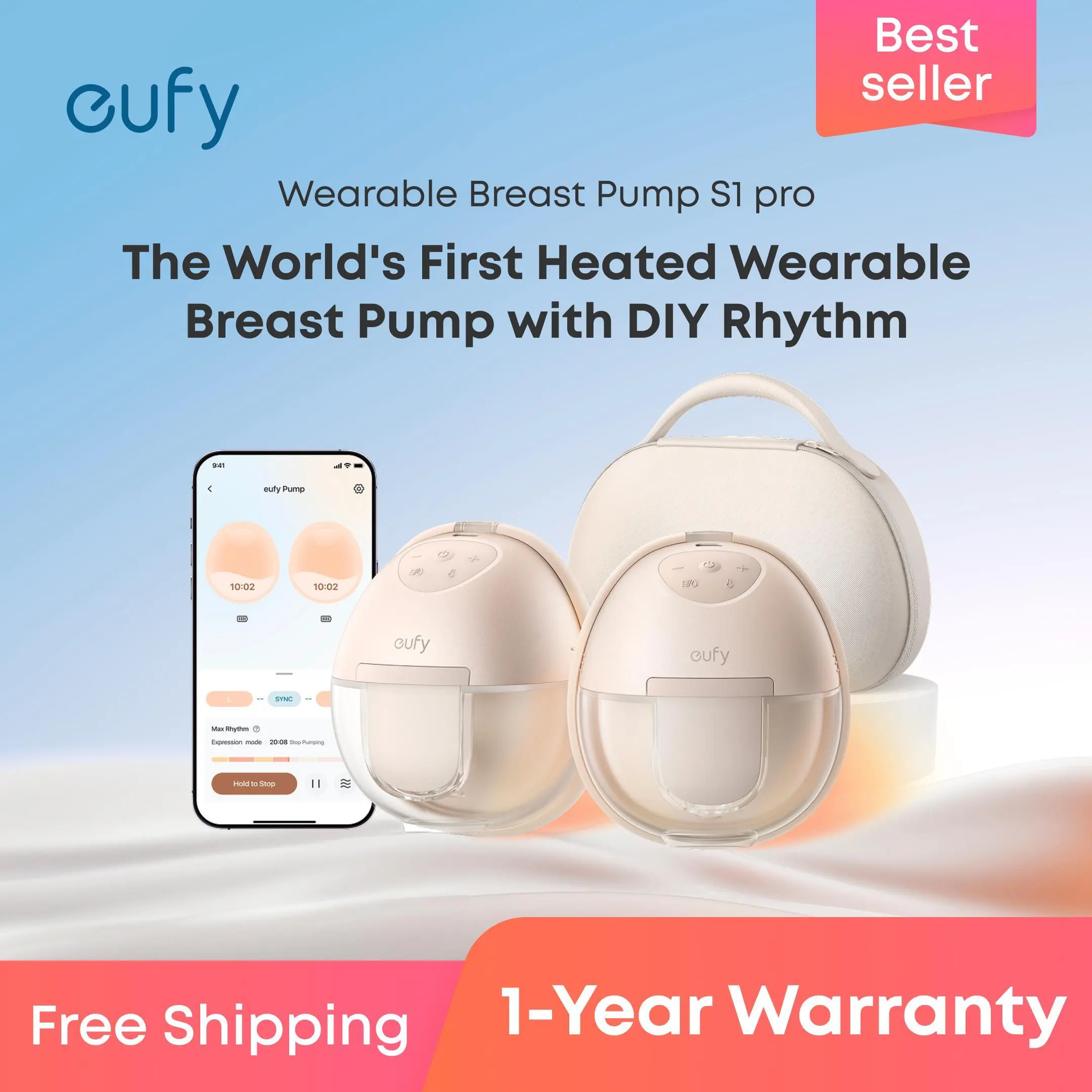 S1 Pro eufy Heated Wearable Breast Pump, Hands Free Breast Pump with Industry-Leading HeatFlow Tech, App-Controlled OptiRhythm, Hospital-Grade Suction, Leakproof, Slim and Ultra-Quiet for in-Bra Use