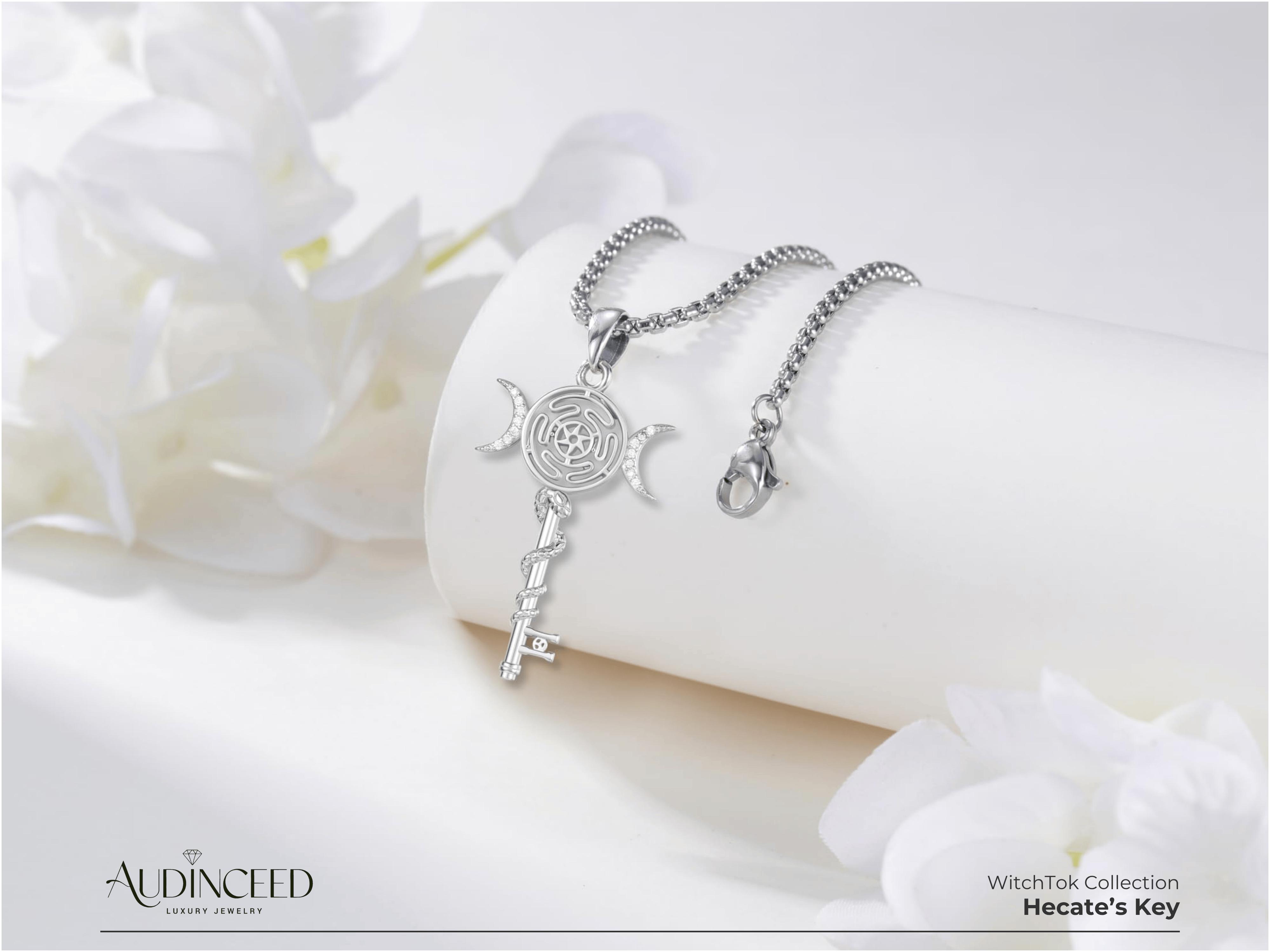 Audinceed Hecate's Key S925 Sterling Silver Moonstone Necklace, Witchtok Collection, Hekate Triple Moon Goddess Pagan Wiccan Magic Silver Necklace Pendant Protection Blessed Amulet Jewelry Gift for Women Men