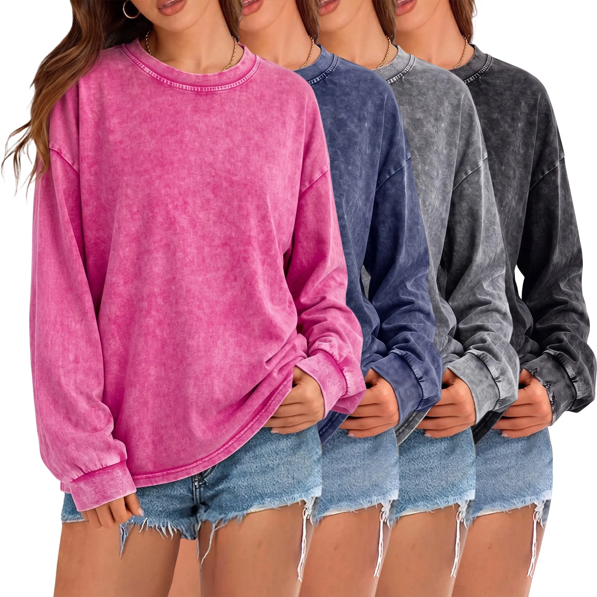 Women’s 4-pack vintage washed distressed loose long-sleeve sweatshirts, crewneck casual pullover tops, soft lightweight basic street-style tops for everyday autumn wear