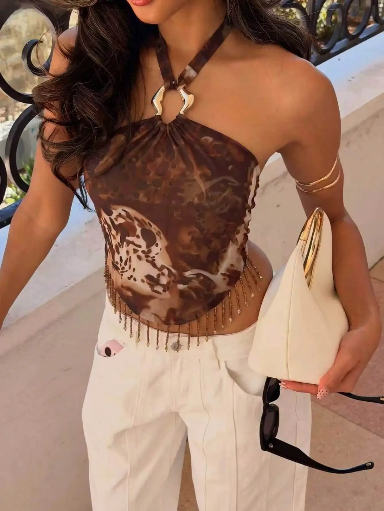 VYNCE Women's Halter Neck Backless Top With Tassel Metal Buckle And Print Summer Sexy Backless Halter Top Vacation Wear Streetwear Casual Tank Top