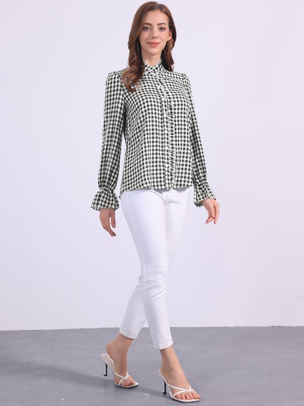 INSPIRE CHIC Women's Gingham Tops Ruffle V Neck Button Front Dressy Casual Long Sleeve Plaid Blouse Shirt Black