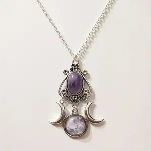 Triple Moon Goddess Amethyst Pendant Necklace - Unique Bohemian Ladies' Gift Jewelry cross necklace