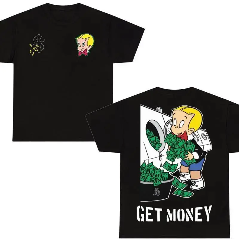 Funny Richie Rich Get Money T-Shirt, Cartoon Money Laundering Tee, Retro Wealthy Graphic Shirt, Meme Streetwear, richie rich shirts, Mens Womenswear Top Pure Cotton Short Sleeve T-Shirt Casual Breathable graphic tees