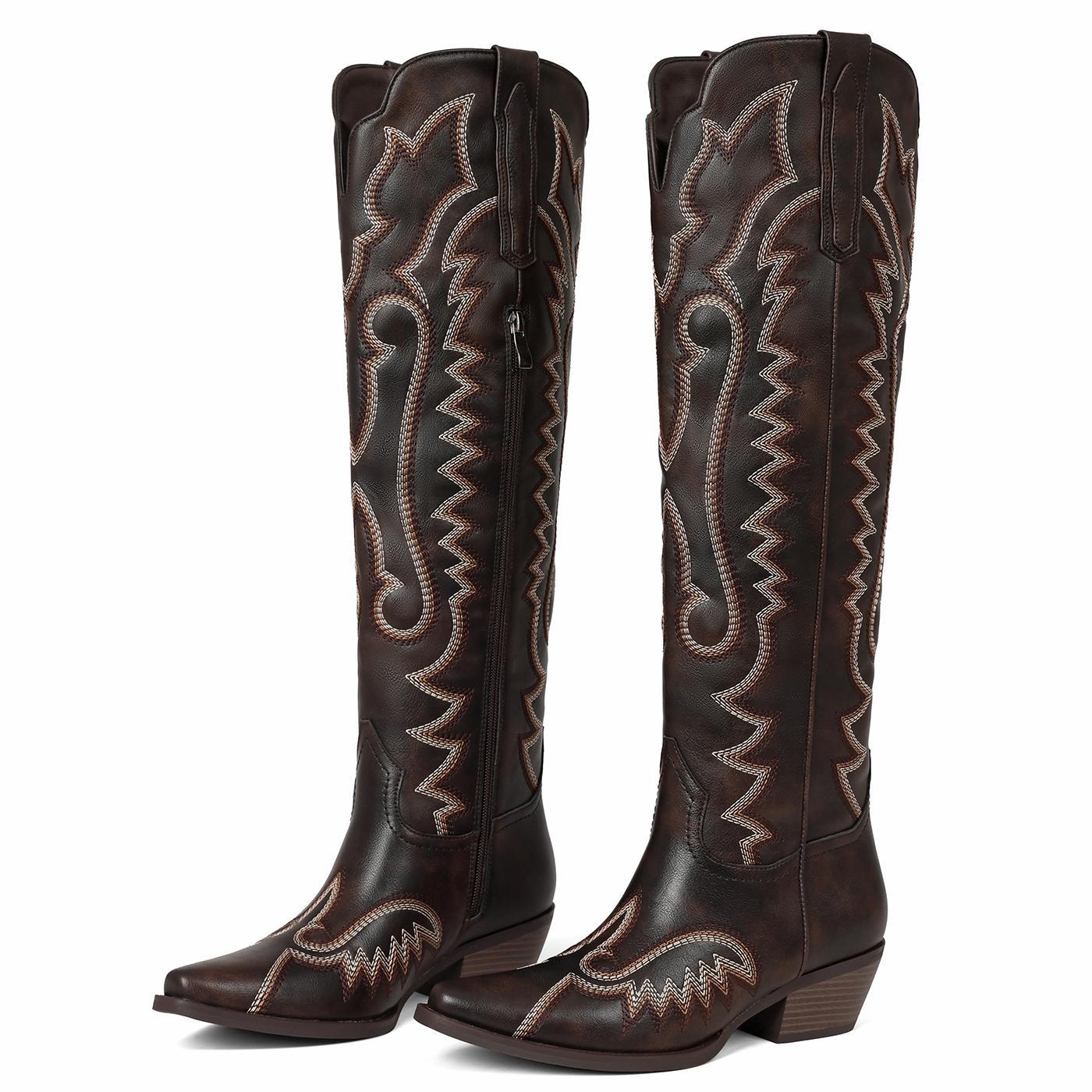 EROCALLI Women's Western Cowboy Chunky Heels Boots Knee High Vintage Style Piont-Toe Embroidered Pointed Toe Cowgirl Boots with Intricate Pattern Side Zipper Boots for Casual Festival Daily Wear Fashionable Durable Footwear fall shoe shopping EROCALLI Women's Western Cowboy Chunky Heels Boots Knee High Vintage Style Piont-Toe Embroidered Pointed Toe Cowgirl Boots with Intricate Pattern Side Zipper Boots for Casual Festival Daily Wear Fashionable Durable Footwear fall shoe shopping