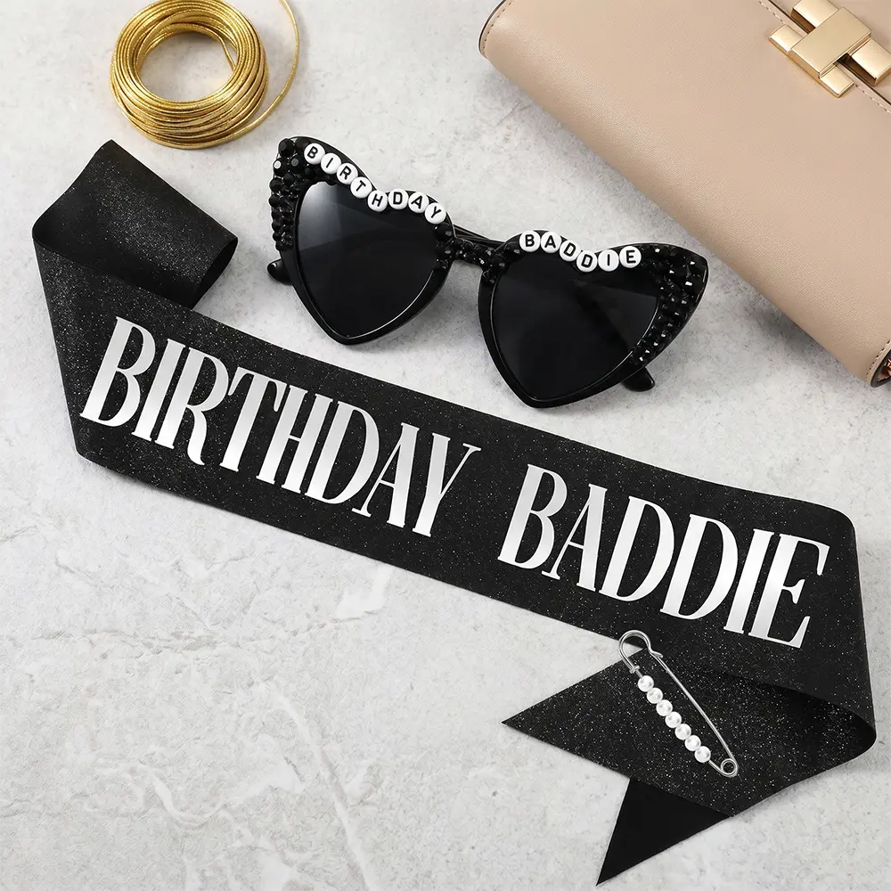 Birthday Baddie Sash and Sunglasses Set for Women –  Oversized Happy Birthday Glasses, Birthday Girl Outfit Accessories  – Party Decor Favors Supplies, Photo Booth Prop
