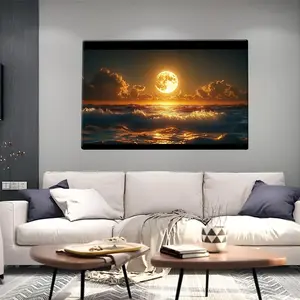 Stunning Full Moon Over Ocean Art Print with Wooden Frame - High-Quality Canvas Wall Decor for Living Rooms, Bedrooms, and Hallways - Wrap-Around Canvas Frame, Vibrant Colors, Modern Art Deco Style, Living Room Decor |   Tranquil Wall Scene	