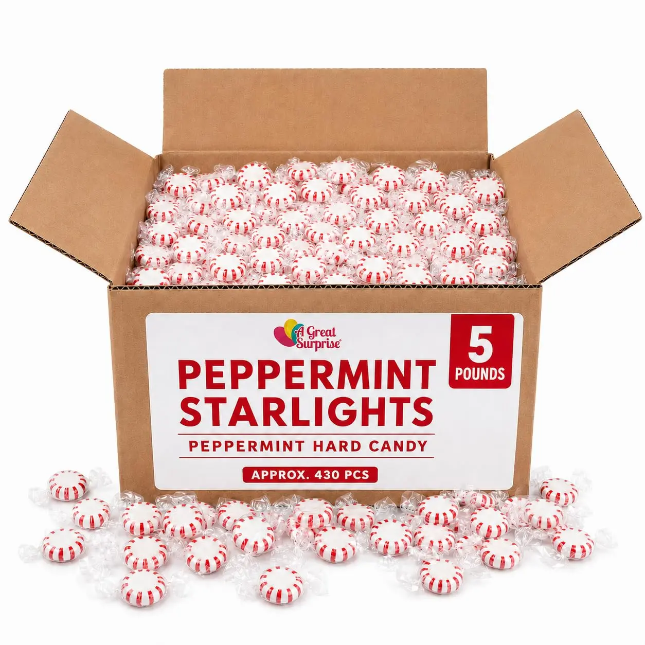 Starlight Peppermint Candy - 5 lb Bulk Bag - Red & White Peppermint Hard Candy - Individually Wrapped Mints for Office Candy Bowls