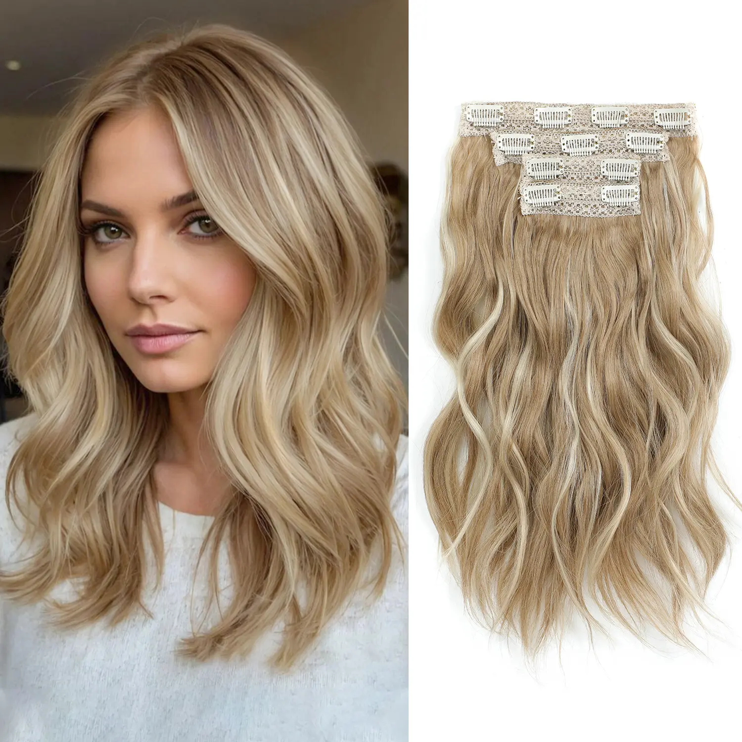 Clip In Hair Extensions, 14inch Short Wavy Synthetic Hair Extensions 4PCS Blonde Thick Hairpieces Double Weft Natural Hair Extensions for Women Beach Wavy Hair Extensions Hairpiece for Women