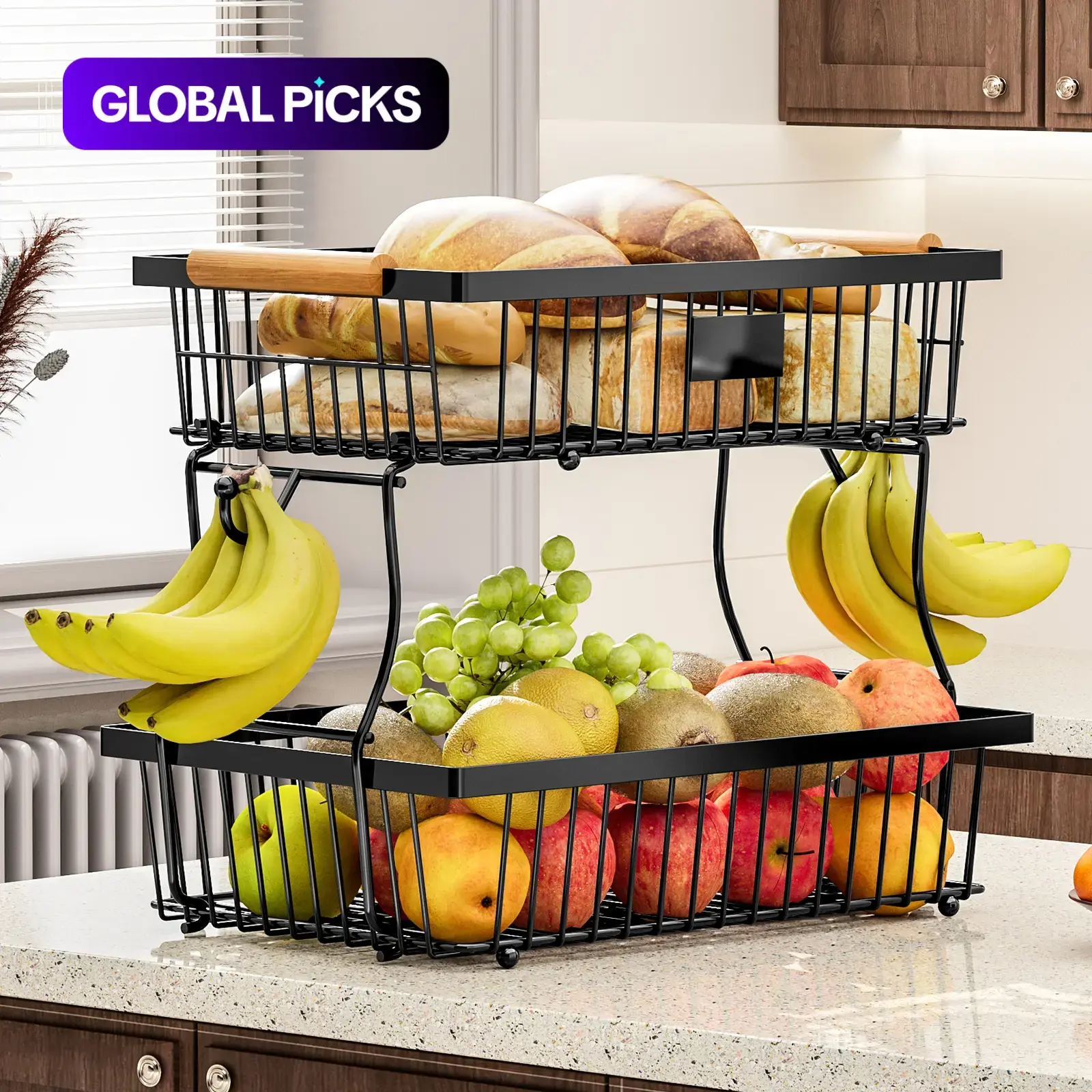 Kitchen Fruit and Vegetable Storage Rack, 2-Tier Metal Storage Basket with Hooks, Fruit Basket for Kitchen Counter, Multifunctional Household Organiser Interior Storage Organizer Storage Rack for Kitchen and Bathroom #GLOBAL PICKS