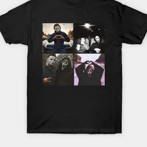 Funny Halloween Tshirt Retro Horror Killers Ghost Face Michael Myers Gift Pattern Printed T-shirt for Everyone Vintage Cotton Black Graphic T-Shirt Streetwear Casual Colorful Menswear