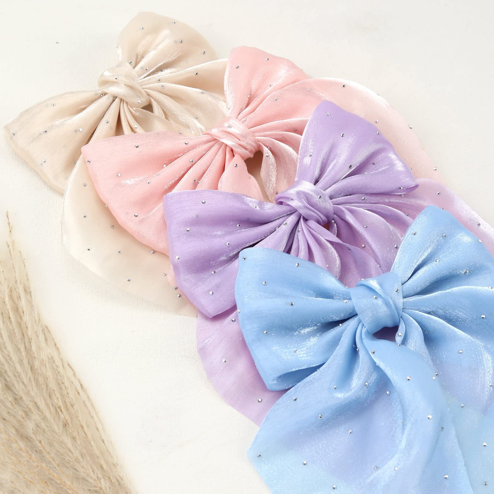 8Pcs Rhinestone Tulle Layered Hair Bows for Women Girls 5.3 Inch Barrette Hair Clip Long Gauze Bows French Style Hair Accessories (Small tulle bow)