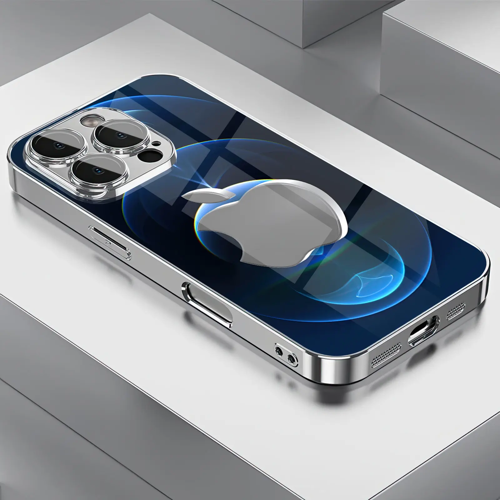 Technology-inspired Blue Gradient Metal Double-cut Apple Pattern Electroplated TPU Phone Case Compatible with iPhone 17 Pro Max Air 16 E 15 Pro Max 15 Plus 14 Pro 13 12 11 & Samsung Galaxy S26 Ultra S25 Plus S24 FE S23 S22 S21 A16 A53 A36 A56 Note 20 Ultr