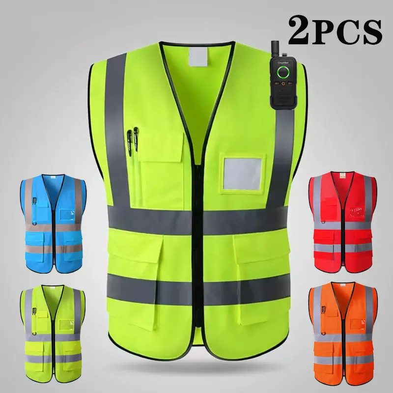 2Pcs High Visibility Breathable Polyester Sleeveless Safety Vest - ANSI/ISEA Compliant, Zip-On, Sleeveless for Easy Movement, with Pockets, Mic Tab, Reflective Strips, Construction Gear for Warehouse, Engineering Work