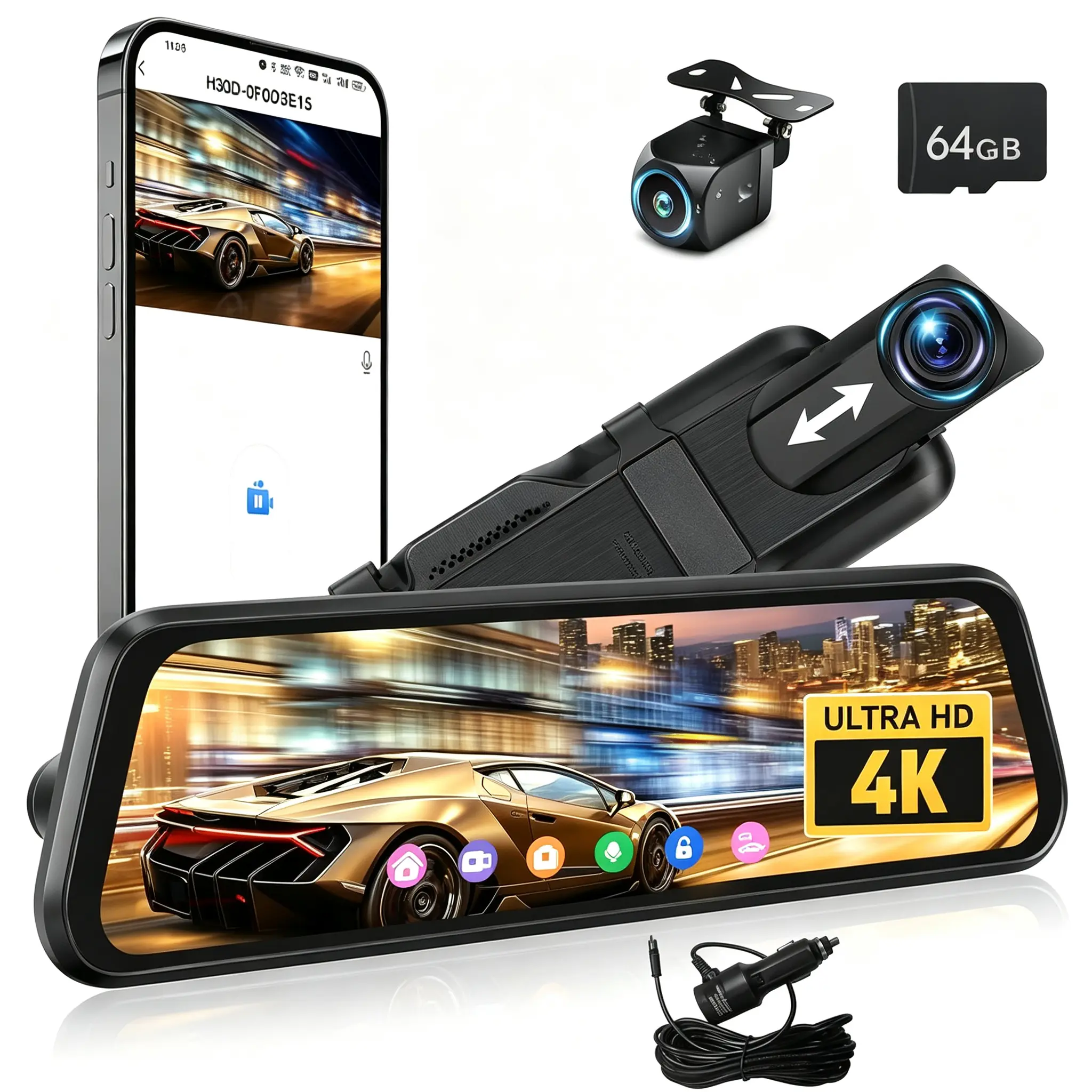 4K WiFi Dash Cam 9.66" Mirror Front and Rear View Dual Cameras,Night Vision,G-Sensor,Parking Assistance,APP Control,24H Parking Monitor,BSD,AHD Waterproof Backup Camera for Cars/Trucks, Father's day gift,SummerVibes,64G  tf card