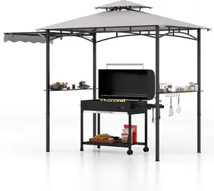 COSTWAY Grill Gazebo with Side Awning, 2-Tier Barbecue Gazebo with Shelves, Hanging Hooks, Bottle Opener, Outdoor Grill Canopy for Backyard Garden Poolside