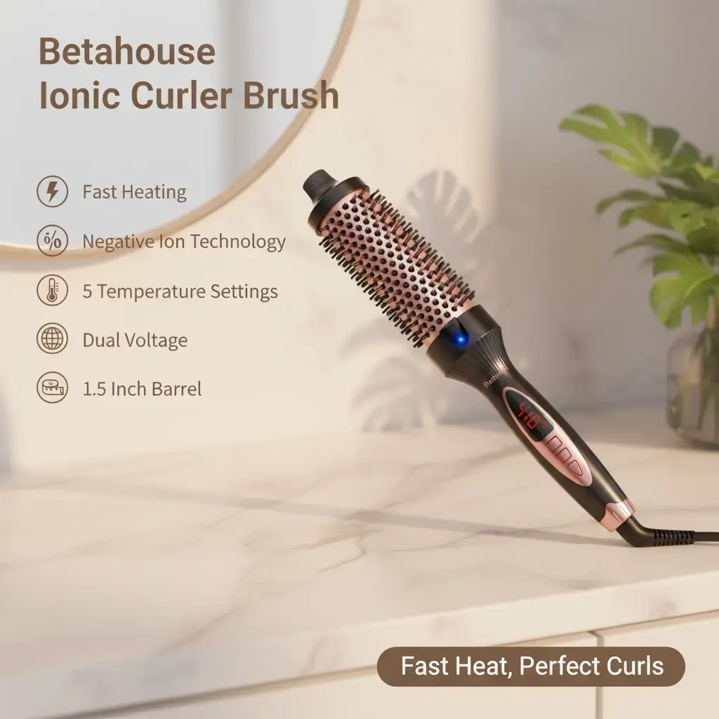 Betahouse Thermal Brush Curling Iron Brushes, 1.5 Inch Heated Round Styling for Blowout, Fast Heating Negative Ion Curling Brushes with 5 Temp Settings, Dual Voltage Hair Styling Tool