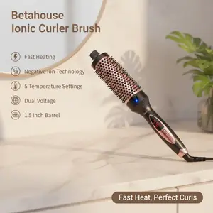 Betahouse Thermal Brush Curling Iron Brushes, 1.5 Inch Heated Round Styling for Blowout, Fast Heating Negative Ion Curling Brushes with 5 Temp Settings, Dual Voltage Hair Styling Tool