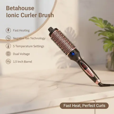Betahouse 1.5" Size Heated Round Thermal Brush Straightener - Salon Hair Tool with 1.5 Inch Barrel, Fast Heating, Negative Ion, 5 Temp Settings, Lightweight 100-240VAC Dual Voltage, US Plug, Smooth Quick Natural Curling Styling