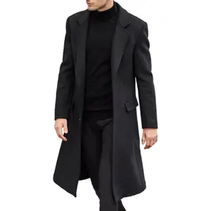 Men's Casual Trench Coat Slim Fit Notched Collar Long Jacket Overcoat Single Breasted Pea Coat wih Pockets