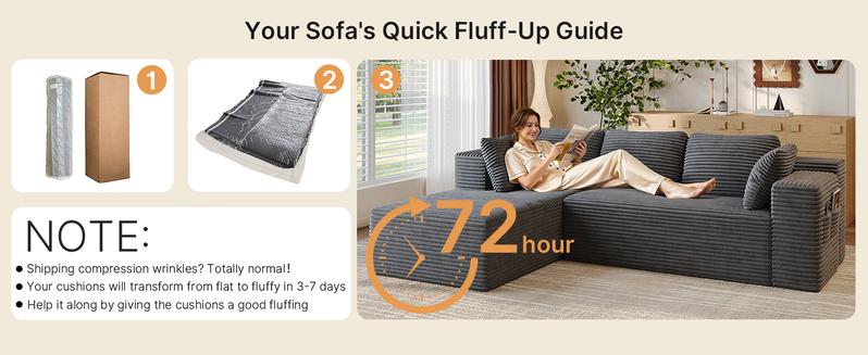 【2 Packages Shipping】Gizoon 105" Cloud Sectional Couch with L-Shape Chaise, Modular Boneless Sofa for Living Room, Upholstered Corduroy Couch with Deep Seat, No Assembly Required (Grey, Left Facing Chaise)