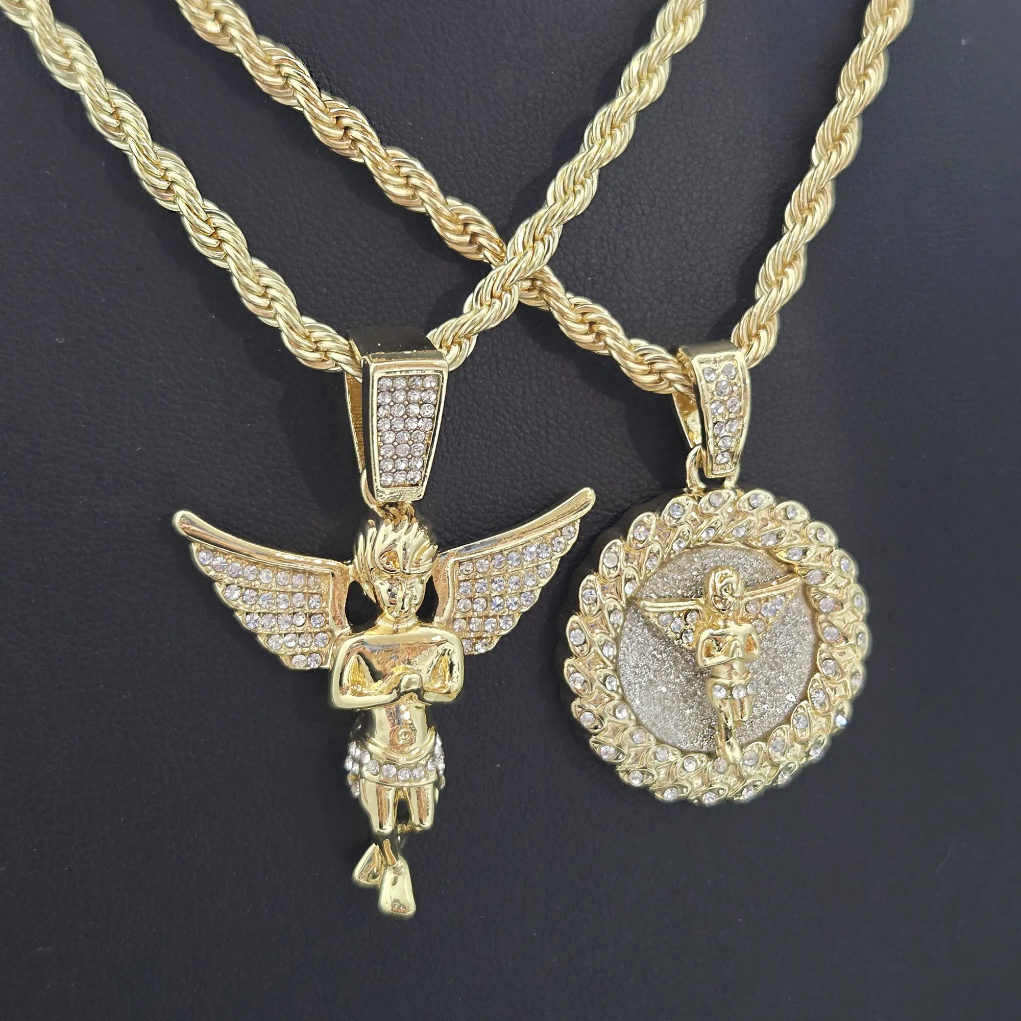 MaxBling81 14K Gold & Silver-Plated Cubic-Zirconia Baby Angel Pendant Necklace Set with 24" Rope Chain, Unisex Fashion Costume Jewelry for Men & Women