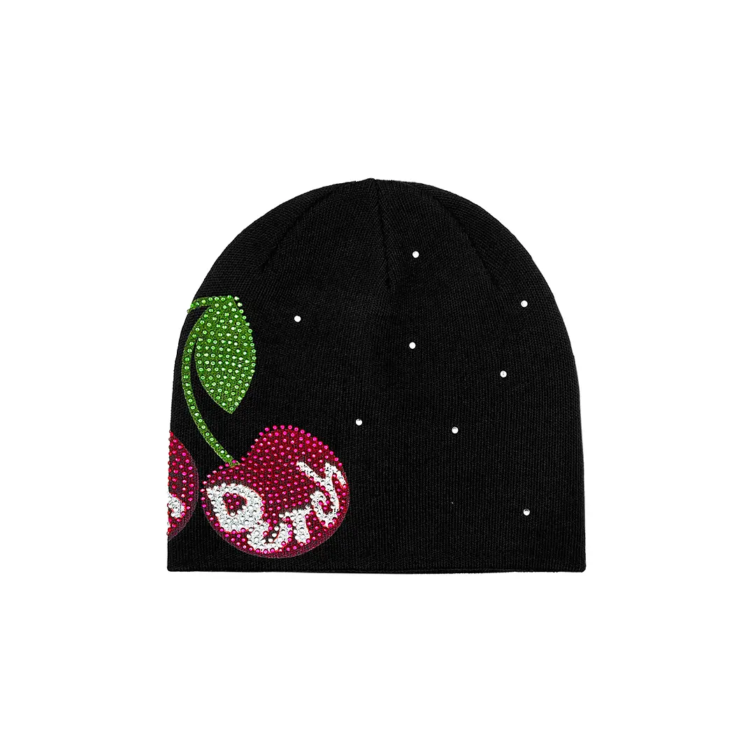 Rhinestone Cherry Beanie - Black
