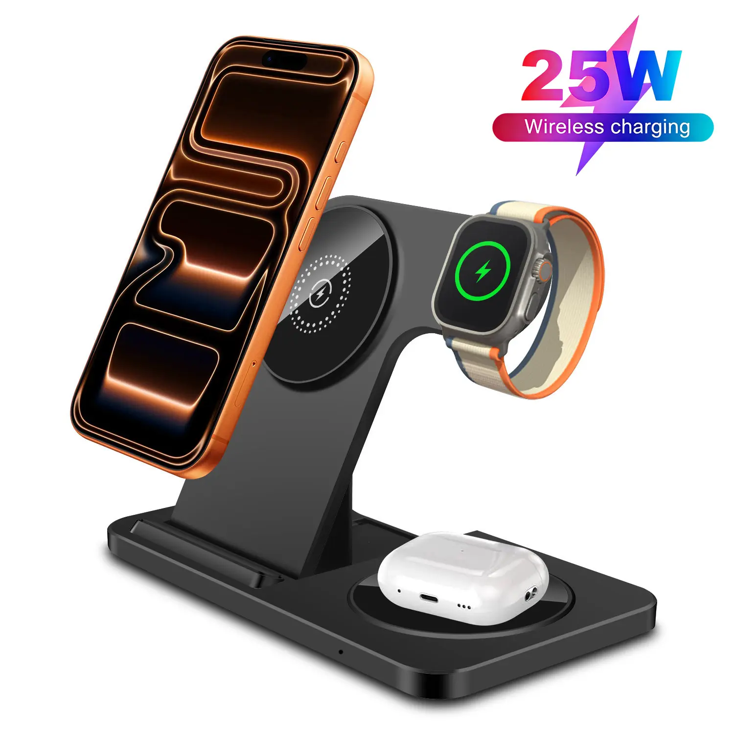 25W 3 in 1 Wireless Charging Station, Foldable Wireless Charger Stand for iPhone 17 Pro Max 16 15 14 13 12 Series, Apple Watch Ultra/11/10/9/8/7/6/SE, AirPods Pro/3/2, Fast Wireless Charger Dock for Multiple Devices