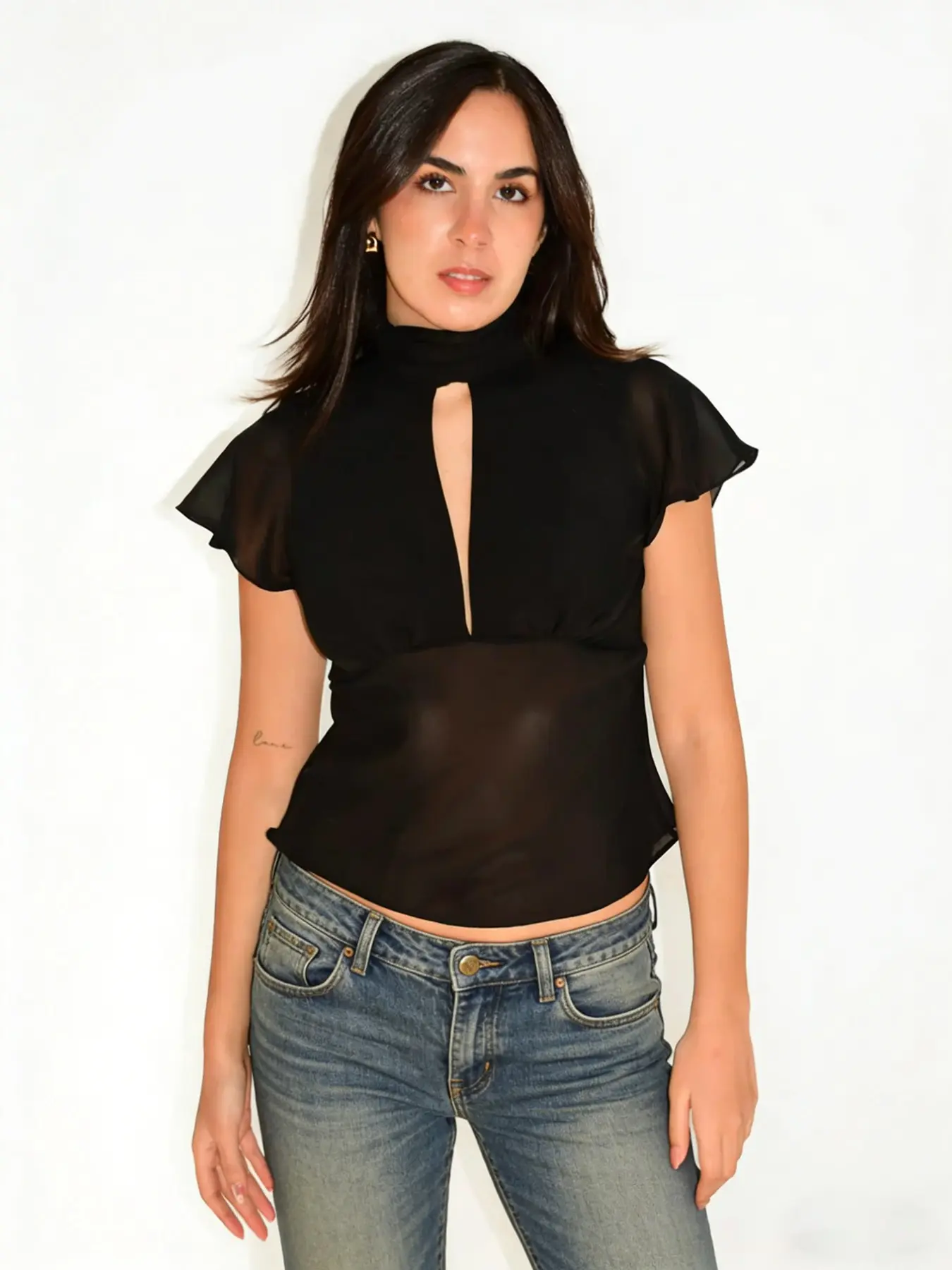 Women's Solid Color Flutter Sleeve Top Blouse, Ribbon Hollow Out Mesh Splicing, Trendy Sheer Tie Design, Ideal for Daily Casual Wear & Office  Commute