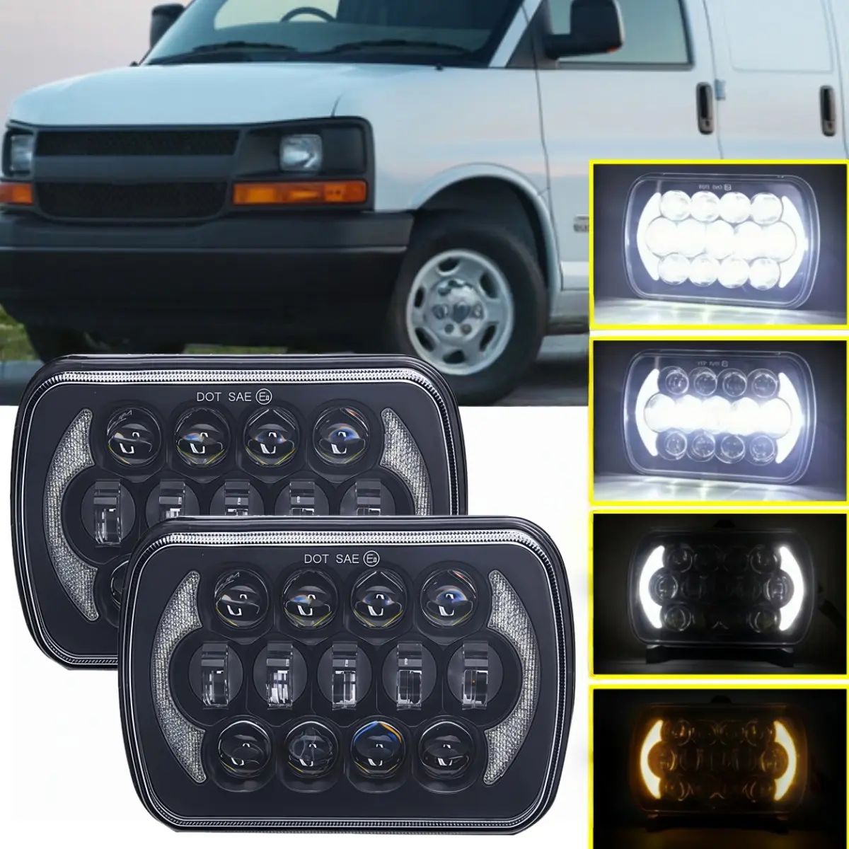 2PCS H6054 Series Rectangle LED Headlights, 6800lm Output Aluminum Housing IP67 Waterproof for Chevrolet Express Cargo Van 1500/2500/3500, 5x7-7x6 Sealed Beam, Hi/Low/DRL Modes, H4 Plug, H5054 Left & Right Pair Car Light Accessories, Plug & Play