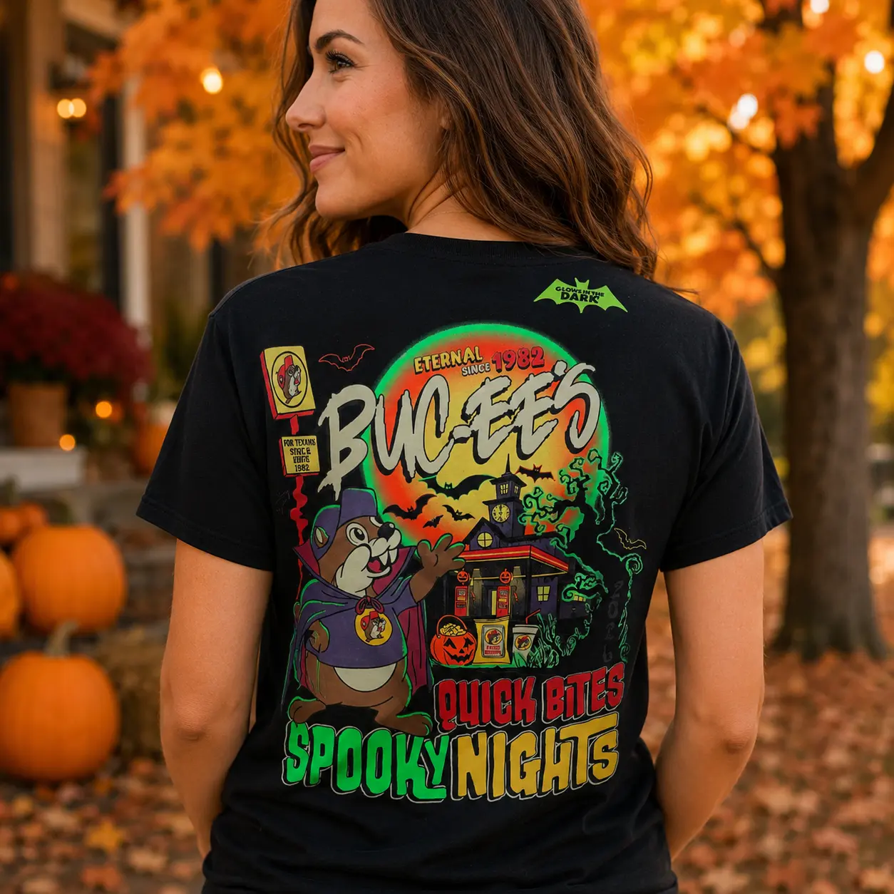 Authentic Buc-ee's New 2026 Halloween "Quick Bites and Spooky Nights" Glow-in-the Dark, Soft, Breathable Cotton Top with Festive Spooky Season Shirt