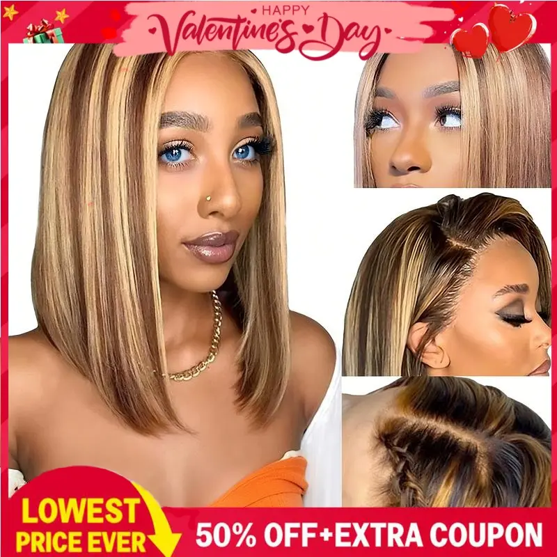 Ombre  Bob Wig Human Hair Highlight P4/27 13x4 HD Lace Frontal Straight Lace Front Bob Wigs for Black Women Human Hair Pre Plucked Pre Plucked with Baby Hair 180% Density Honey Blonde Wig Soft Bouncy No Smell Can Be Dyed Curled Restyled