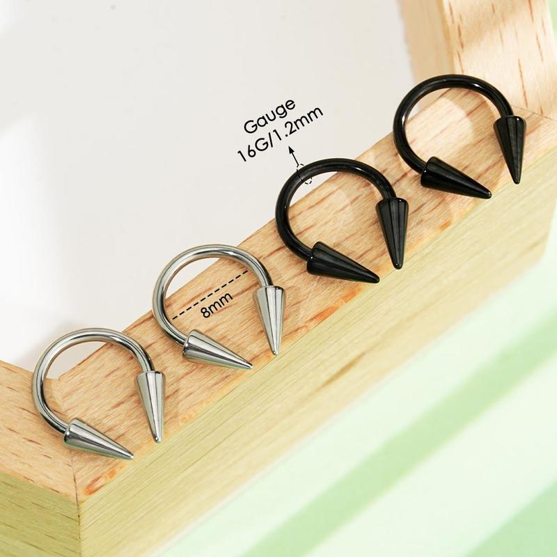 Oufer 16G 4PCS Long Spike Septum Piercing Ring Helix Horseshoe Ring Balck Silver Inner Diameter 8mm 10mm 12mm