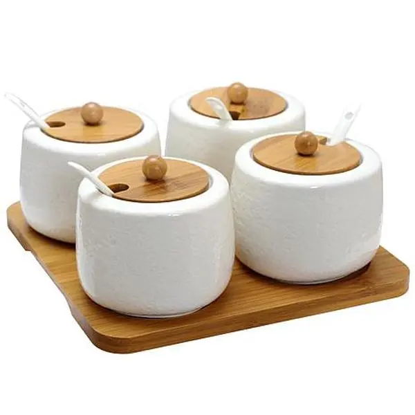 Elama Ceramic Spice, Jam and Salsa Jars w/Bamboo Lids & Serving Spoons Elama Ceramic Spice, Jam and Salsa Jars w/Bamboo Lids & Serving Spoons