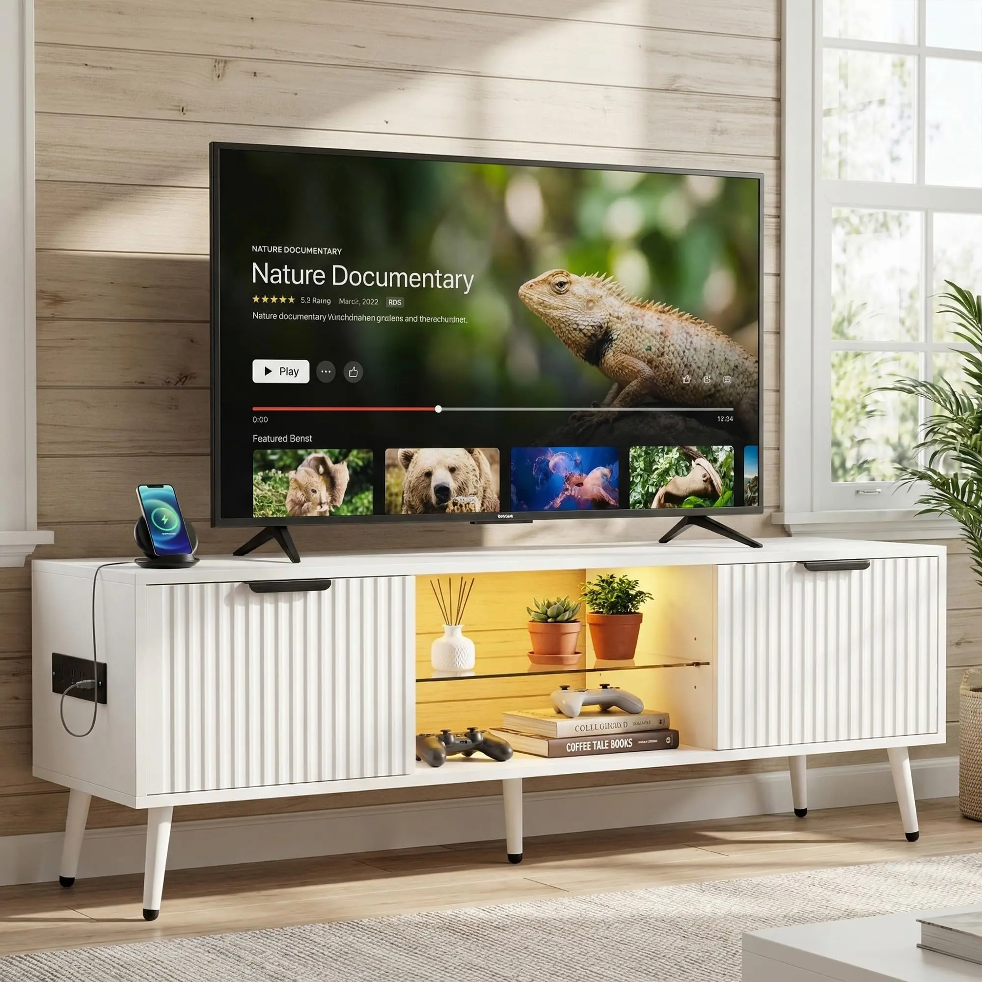 Cyclysio Fluted TV Stand - Modern Indoor Furniture Entertainment Center with Power Outlet, RGB LED Lights, Adjustable Glass Shelves for 32"-65" TVs,dorm essentials,home decor