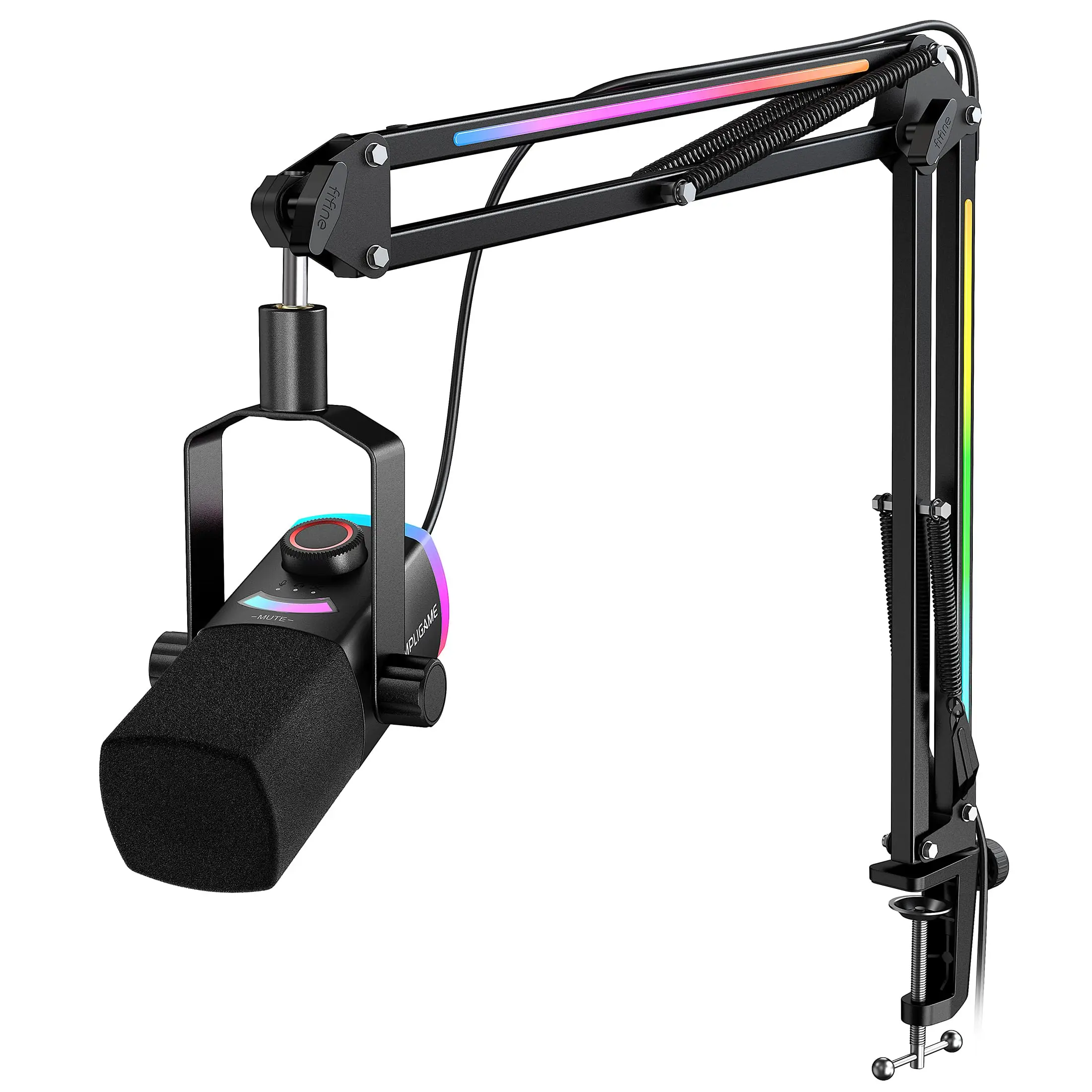 fifine AM8ProT Gaming Microphone Kit XLR USB Dynamic PC Mic with RGB Lighting Boom Arm for Podcast Recording & Streaming Tap-to-Mute Mix Control Headphone Jack, for USB-C Phone, AmpliGame AM8PROT