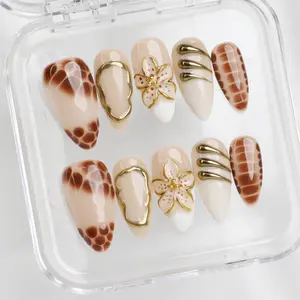 PG23 Luxury Retro Floral & Gold Meticulously Handmade 10 PCs Solid Design 3D Gel Press-On Nails | Reusable, Long-Lasting Salon-quality