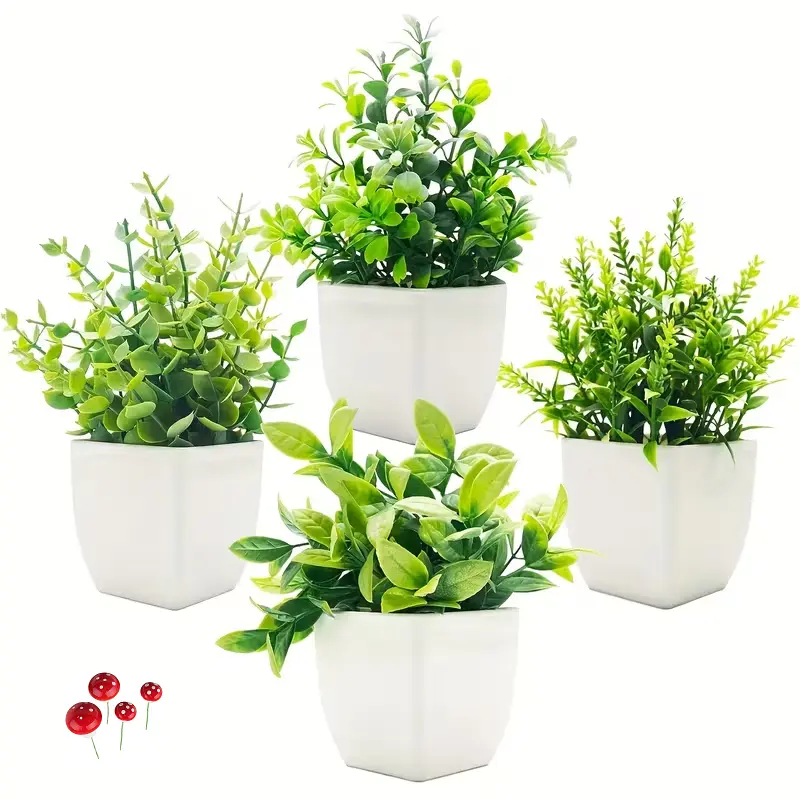 4-Pack Compact Waterproof Evergreen Faux Potted Plants Set, Home Accessory for House & Living Room Decor, Artificial Potted Flowers for Indoor-Outdoor Use (Office Desks), Evergreen Faux Plants, House Decor