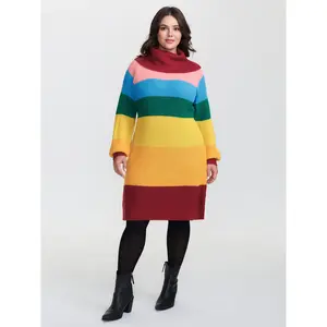 【Summer Turn-Up】【Color Blocking】 Bloomchic Rainbow Stripe Turtleneck Midi Sweater Dress 2026 Summer Pick for Mother's Day