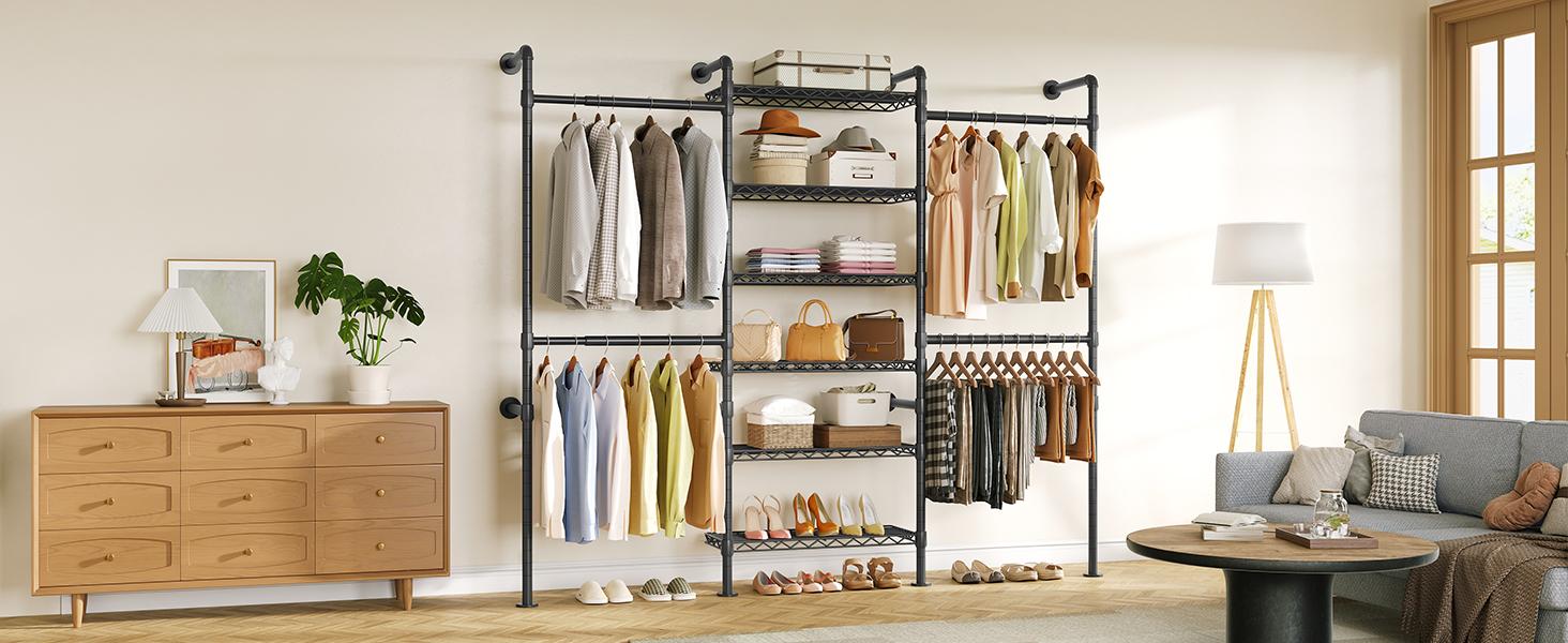 【SPOTLIGHT DAY & MAX 900 LBS】ONBRILL Expandable(18.3-34.6") Wall Mounted Closet System, Industrial Pipe Clothing Rack, Clothes Rack Garment Racks Wardrobe Racks for Hanging Clothes, Heavy Duty Closet Organizers for Livingroom Bedroom Furniture