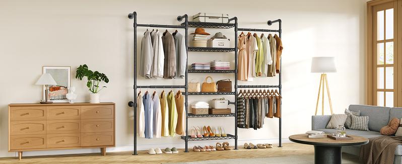 【Valentine's Day gift】ONBRILL Expandable Wall Mounted Closet System, Industrial Clothing Rack, Pipe Clothes Rack Garment Racks for Hanging Clothes, Heavy Duty Closet Organizers,Livingroom Bedroom Furniture