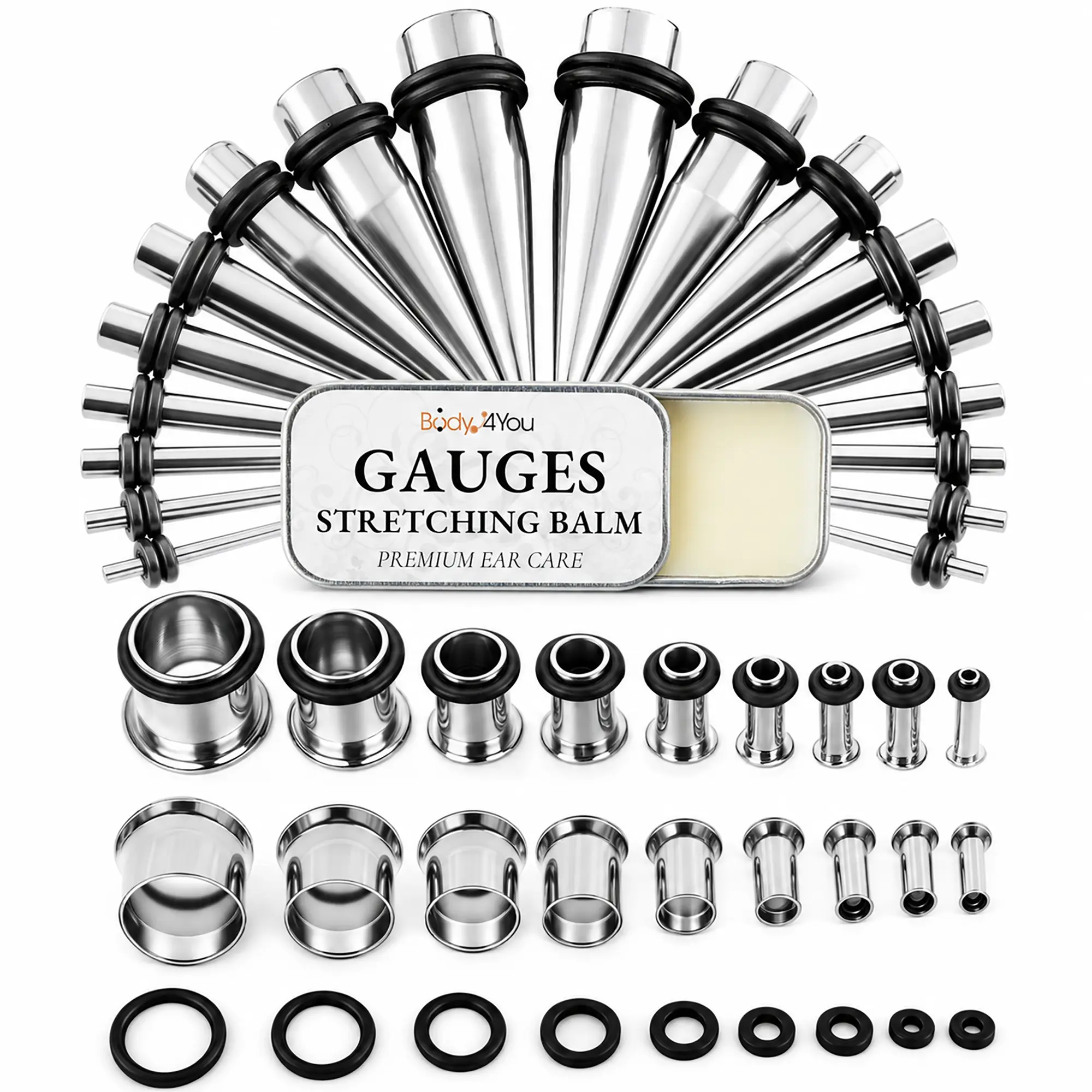 BodyJ4You Ear Stretching Kit, 37PC Beginner Set for Gauges 14G-00G, Includes Aftercare Balm, Steel Tapers, Plugs, and Tunnels