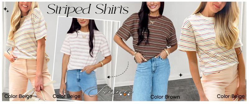 MEROKEETY Women's 2026 Summer Short Sleeve Tops Casual Colourful Striped Crewneck Loose Work T Shirts Blouses MEROKEETY Women's 2026 Summer Short Sleeve Tops Casual Colourful Striped Crewneck Loose Work T Shirts Blouses