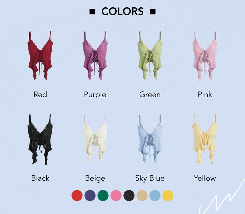 Cider Women's Lace Ruffle Hem Knotted Crop Top with Adjustable Crisscross Strap, Beach Vacation Staple Knit Top, Spring Break Adjustable Bralette, Boho Beachwear Lace Crop Top, Lady Adjustable Tie-Front Bikini Cover Up, Music Festival Spring Outfits