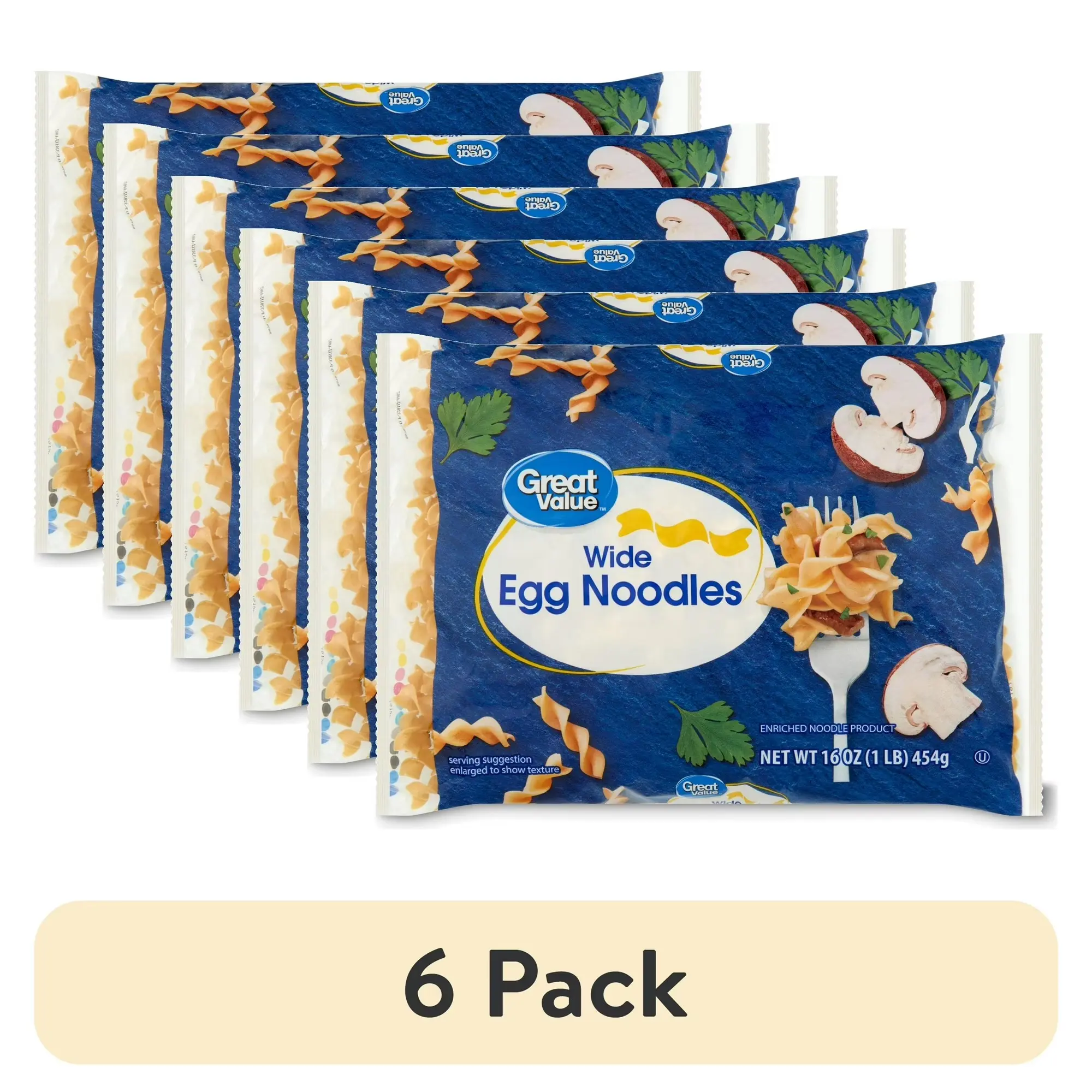 (6 Pack) Great Value Wide Egg Noodles, 16 oz Each – Enriched Wide Pasta Noodles for Soups, Casseroles & Side Dishes