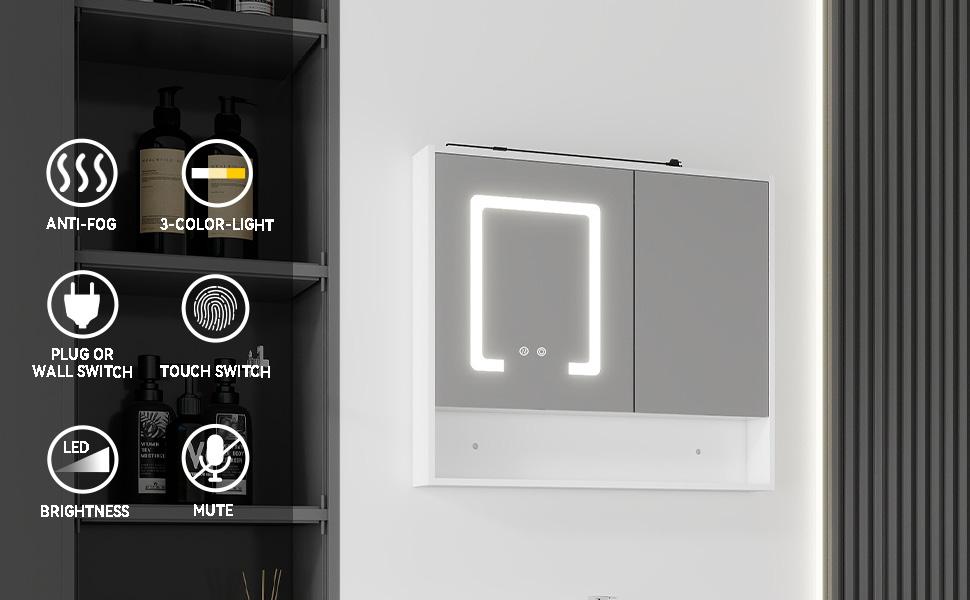 32-Inch Modern Wall Mount LED Ring Light Up Bathroom Mirror Cabinet, Anti-Fog Dimmable Touch Control, Open Recessed Storage Nook, Soft Close Double Doors, Moisture Resistant Solid Plywood Medicine Vanity for Shower, Powder Room, Wall Mirror
