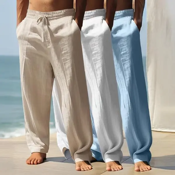 Men's 3-Pack Plain Long Pants in a Casual Cotton-Linen Blend, Loose Fit with Drawstring Waist, Pockets and Lightweight Drape Fabric, Classic, Trouser, Airy Linen Men's Pants, Drawstring Waist Adapts To Your Size, Three-Pieces Covers More Outfits