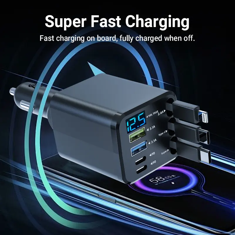 Retractable Car Charger 7in1 22.5W Fast Charging Tangle Free 3 Built in Cables Dual USB C Lightning 2 PD Ports Smart Chip Protection Voltage Display Ambient Light Cigarette Lighter Compatible with iPhone Android Accessories Road Trip Essentials # qc3 low,