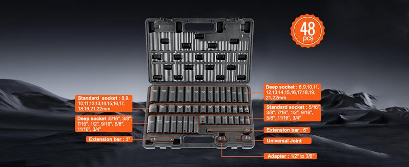 VEVOR 3/8" Drive Impact Socket Set, 48 Piece Socket Set SAE (5/16" -3/4")  & Metric (8-22mm), 6 Point CR-V Drive Extension Bar Universal Joint & Power Drill Adapter Includes Storage Case
